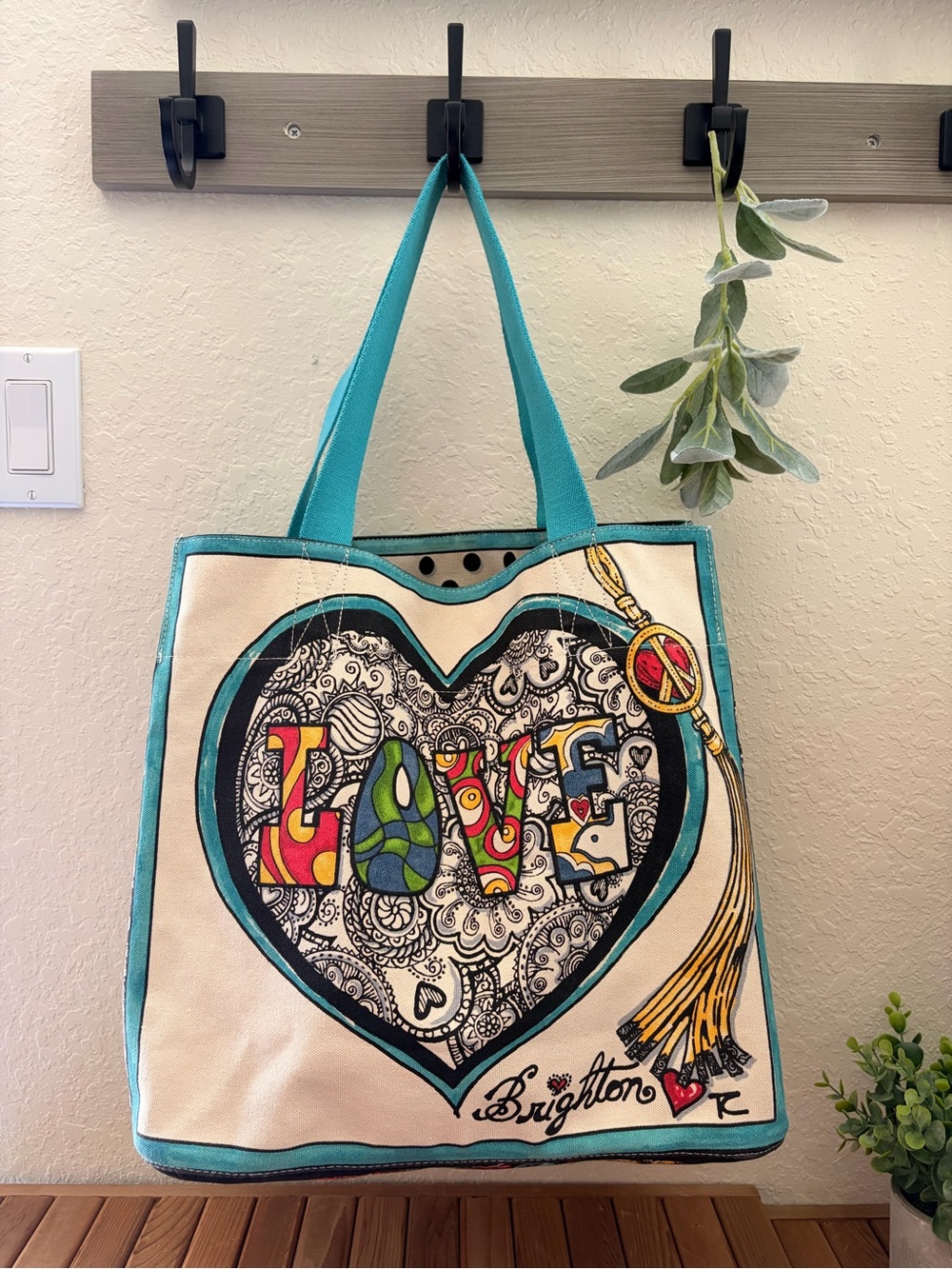 Brighton LOVE Canvas Tote Bag Large Multicolor Heart Polka Dot Beach Shopper